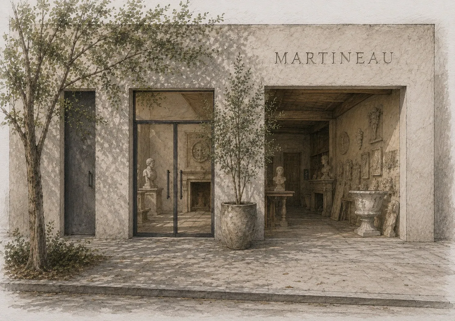 Boceto en acuarela de la nueva sede de Martineau: fachada de piedra con el nombre MARTINEAU, vidriera y sala de exposición con esculturas y maceteros
